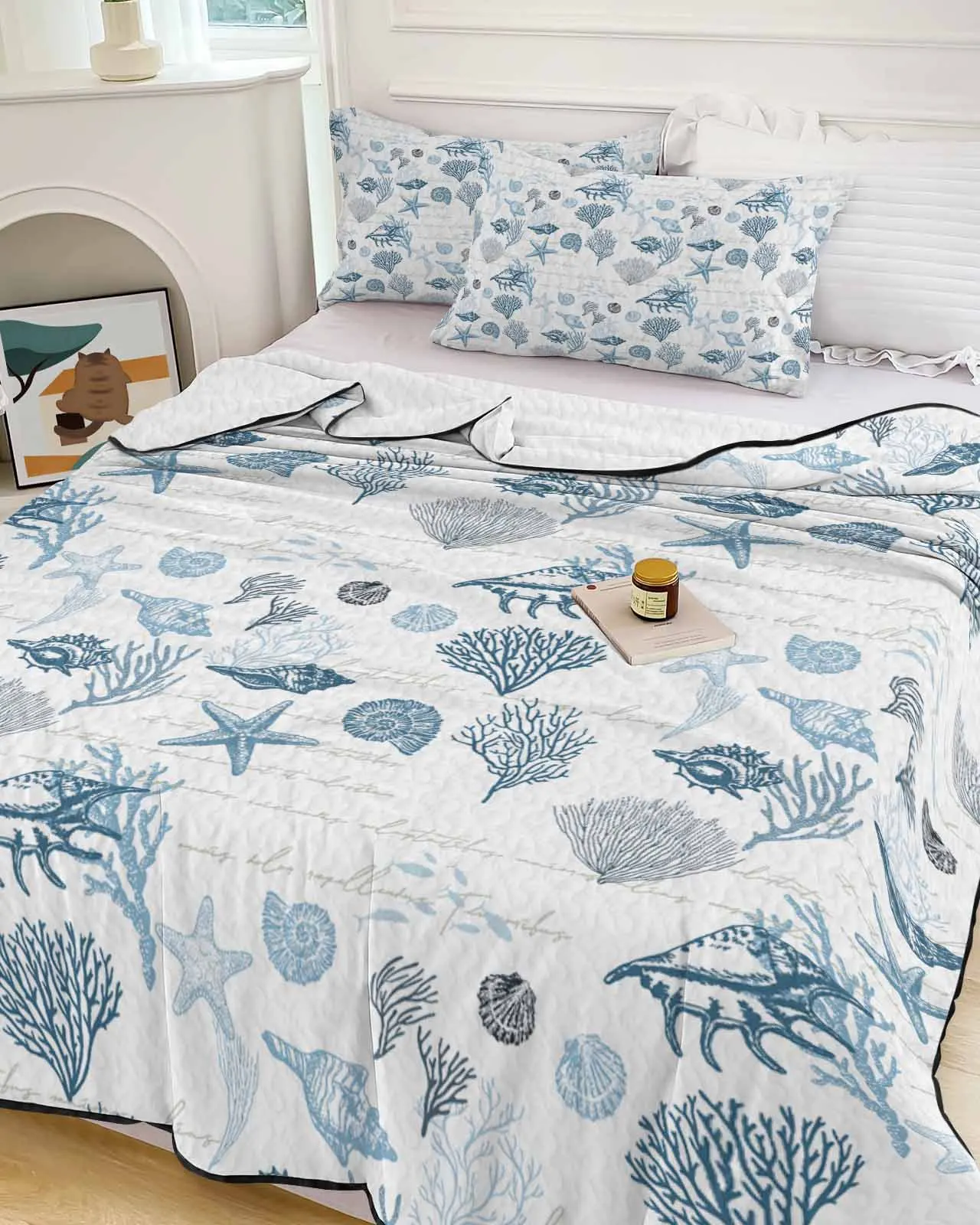 

Starfish Shell Coral Navigation Retro Light Blue Summer Cooling Quilt Air Condition Blanket Comfortable Lightweight Thin Quilt