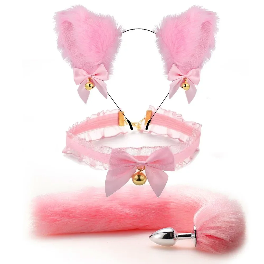 Erotic Cosplay Cute Fox Tail Bow-Knot Soft Cat Ears Headbands Collar Anal Plug Couples Accessories SM Sex Toys for Female Male