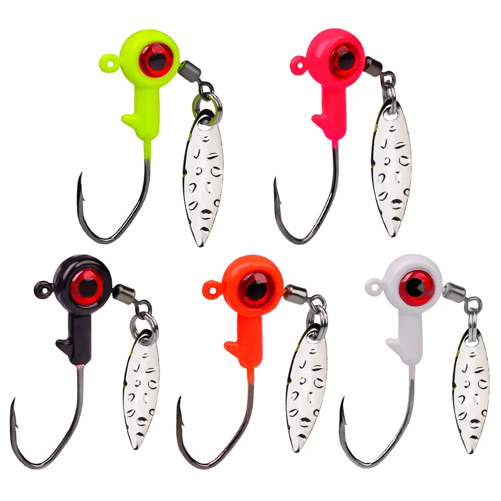 10pcs Weights Jig Head Fishing Hook with Spinner Spoon Mini Ice Barbed Jigging Single Fishhooks for Bass Trout Soft Lure Worm