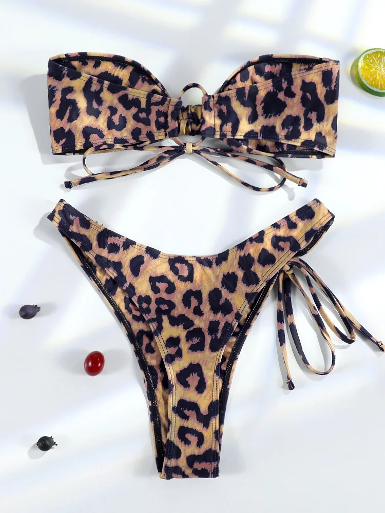 Seksowne bikini damski dwuczęściowy strój kąpielowy Leopard kostiumy kąpielowe Off ramię stroje kąpielowe mikro stringi Biquini bandażowe kostiumy kąpielowe kobieta