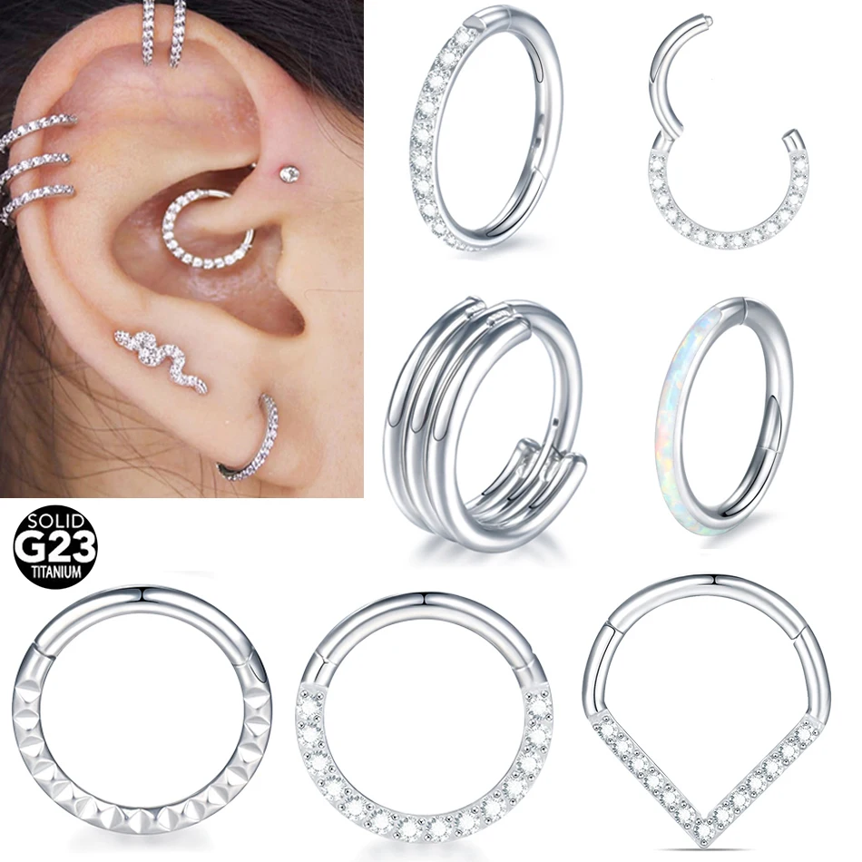 1 pz titanio 16G CZ incernierato Clicker naso setto anelli opale naso cerchio sopracciglio labbro orecchio cartilagine Helix Daith piercing gioielli