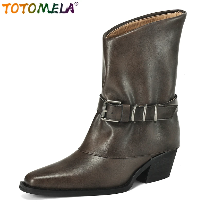 

TOTOMELA 2024 New Genuine Leather Boots Pointed Toe Slip On Handmade Western Boots Women Retro Ladies Autumn Winter Ankle Boots