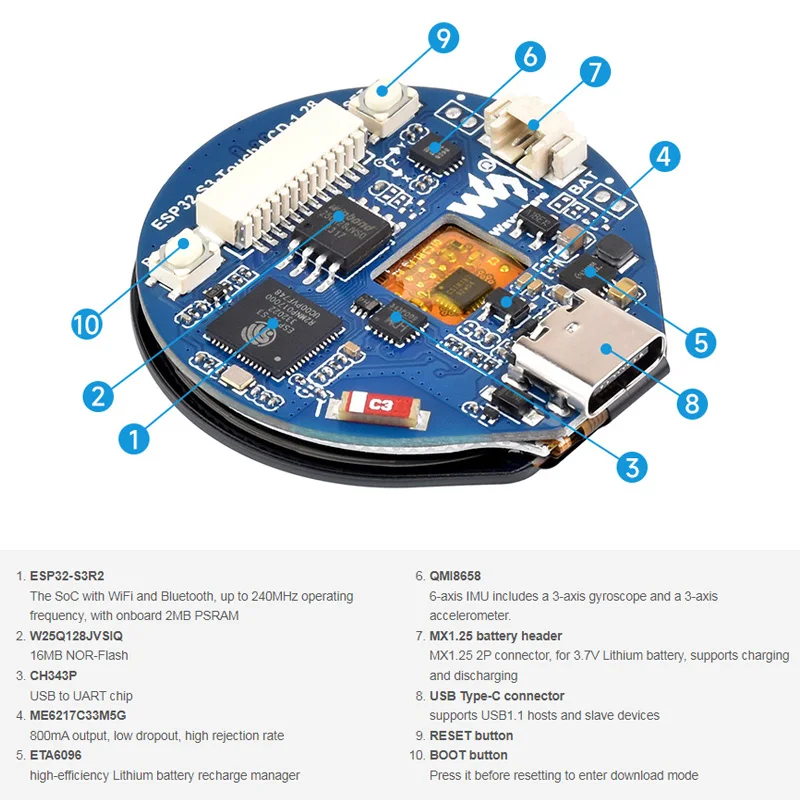 Imagem -04 - Placa de Desenvolvimento com Tela Sensível ao Toque Display Lcd Redondo com Wifi Acelerômetro Bluetooth Ble Sensor Giroscópio 1.28 Esp32-s3