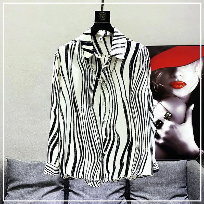 2024 Spring and Summer Fashion Trend Korean Edition Polo Collar Zebra Print Loose Casual Versatile Long Sleeved Shirt for Men