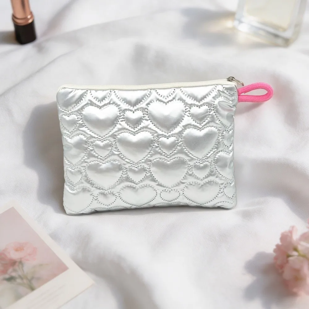Multi-function Cosmetic Pouch Bow Decoration Embossed Heart Toiletry Storage Pouch Satin Material Quilted Makeup Bag Girls