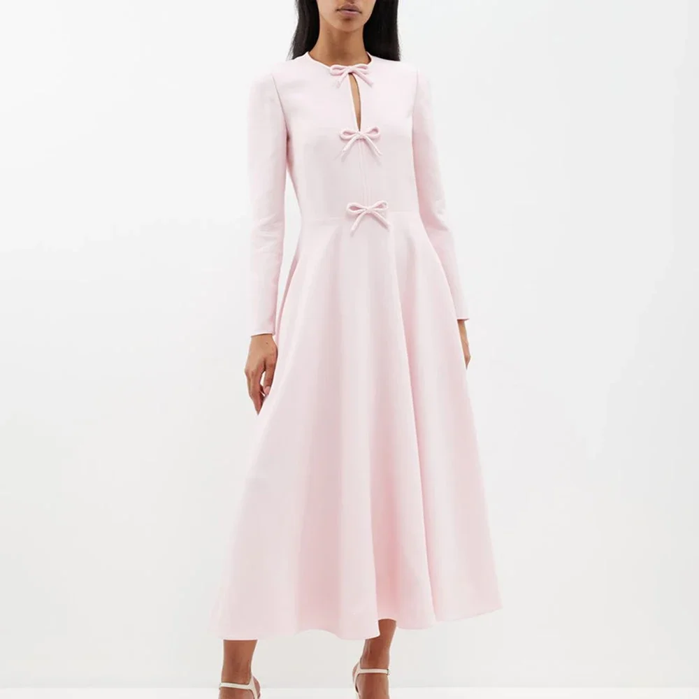 

Fashion Party Dresses Pink Elegant O-Neck Bows A-Line Prom Gowns Chic Long Sleeves Ankle-Length Draped Evening Dresses 2025