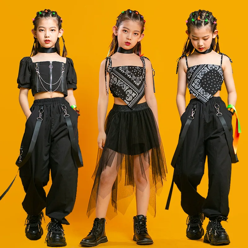 Kid Black Kpop Punk Hip Hop Clothing Crop Top Pleated Mesh Skirt Tactical Cargo Pants for Girls Jazz Dance Costume Set Clothes