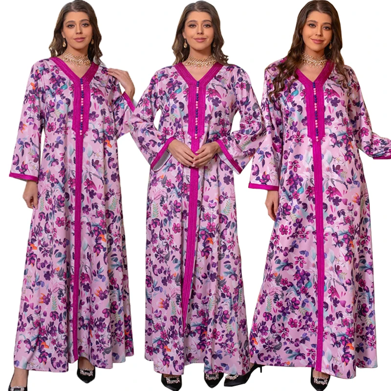 

Moroccan Jalabiya Chic Elegant Floral Print Tape Trim V Neck Long Sleeve Turkish Dresses For Women Party Evening Abayas Ramadan