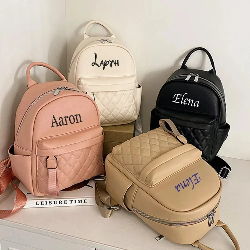 Embroidery Name Backpack Women's PU Bag Fashion Ladies Gift High Quality PU Backpack Personalized Girls Outdoor Small Backpack