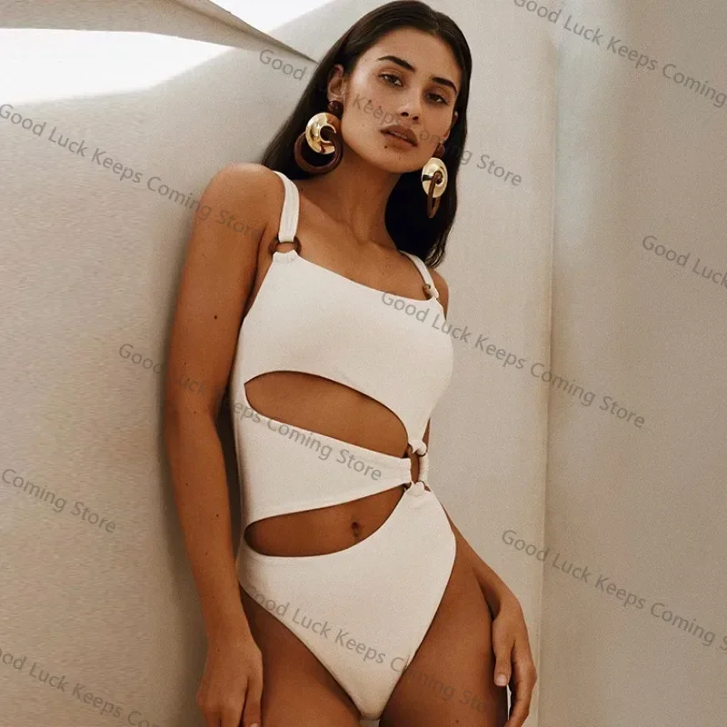 Conjunto de Bikini Sexy de una pieza para mujer, traje de baño de Color sólido con tirantes huecos, traje de baño sin espalda a la moda, conjunto de Bikini de cintura baja