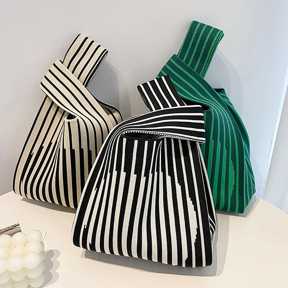 Handmade Knit Handbag Women Mini Knot Wrist-bag Female Casual Color Wide Stripe Plaid Tote Bag Student Reusable Shopping Bag