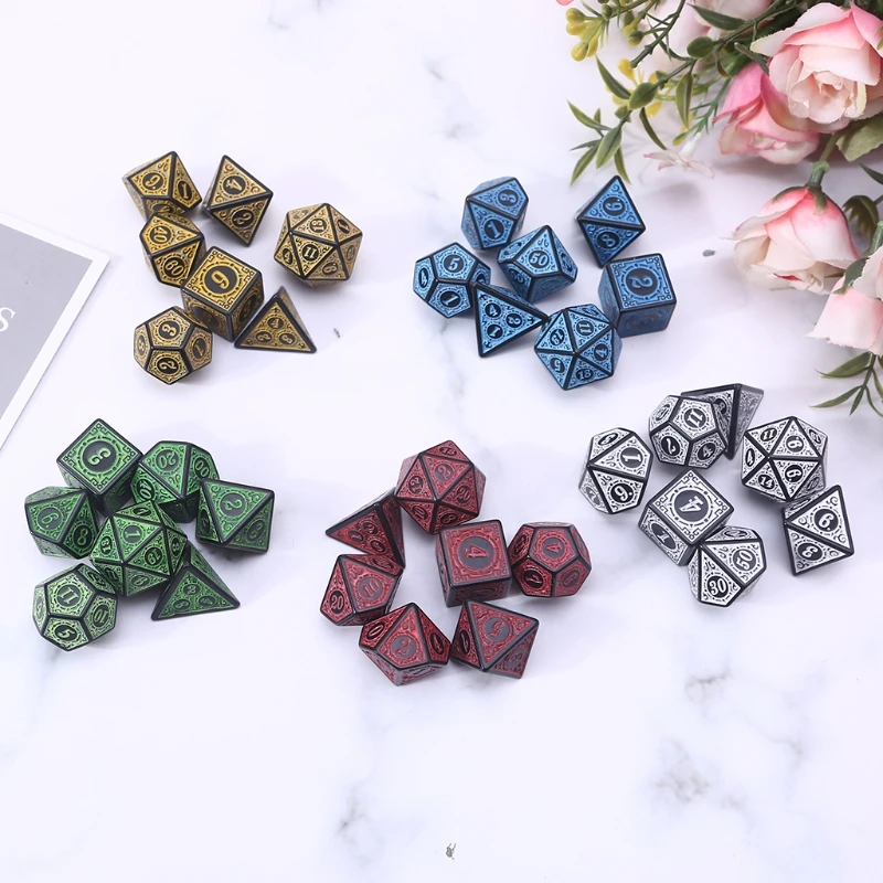 

7Pcs/Set DND Dice Sets Carved Pattern Polyhedral Dice D4 D6 D8 D10 D% D12 D20 for Role Playing Board Game RPG Dice