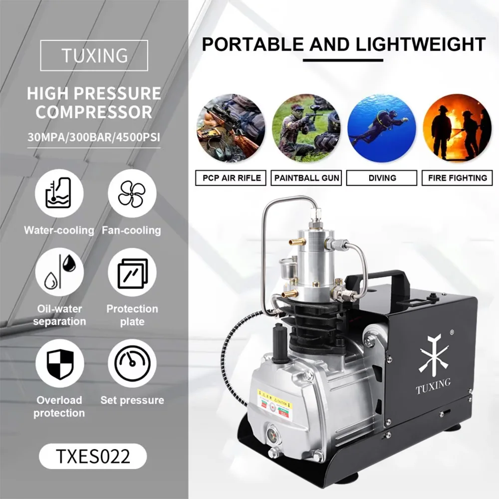 TUXING 300Bar PCP Air Compressor 4500Psi Electric Auto Stop High Pressure Air Compressor for Scuba Diving Filling Tank PCP Rifle