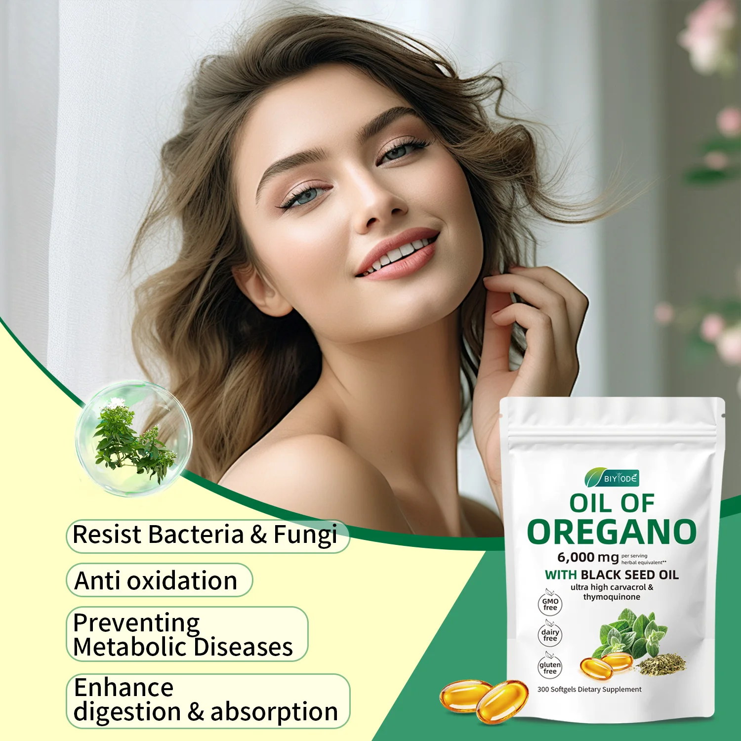 

2 in 1 Oregano Oil Capsules 6000mg + Black Seed Oil 200mg Supplement for Immune Support,Natural Nutrient Blend,300 Softgels
