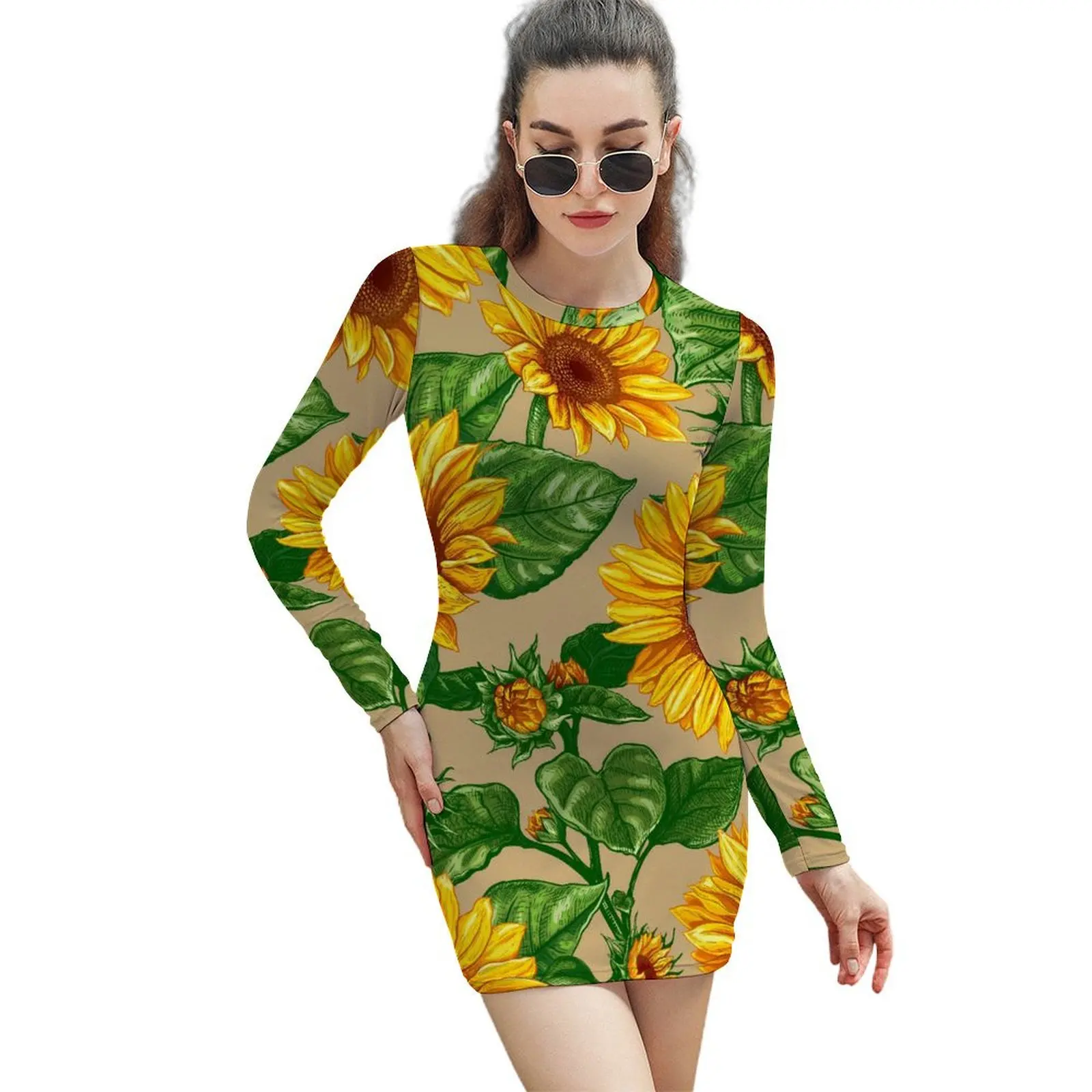 Sunflower Print Bodycon Dress Holiday Yellow Flowers Elegant Dresses Women Long Sleeve Custom Aesthetic Dress Big Size 2XL