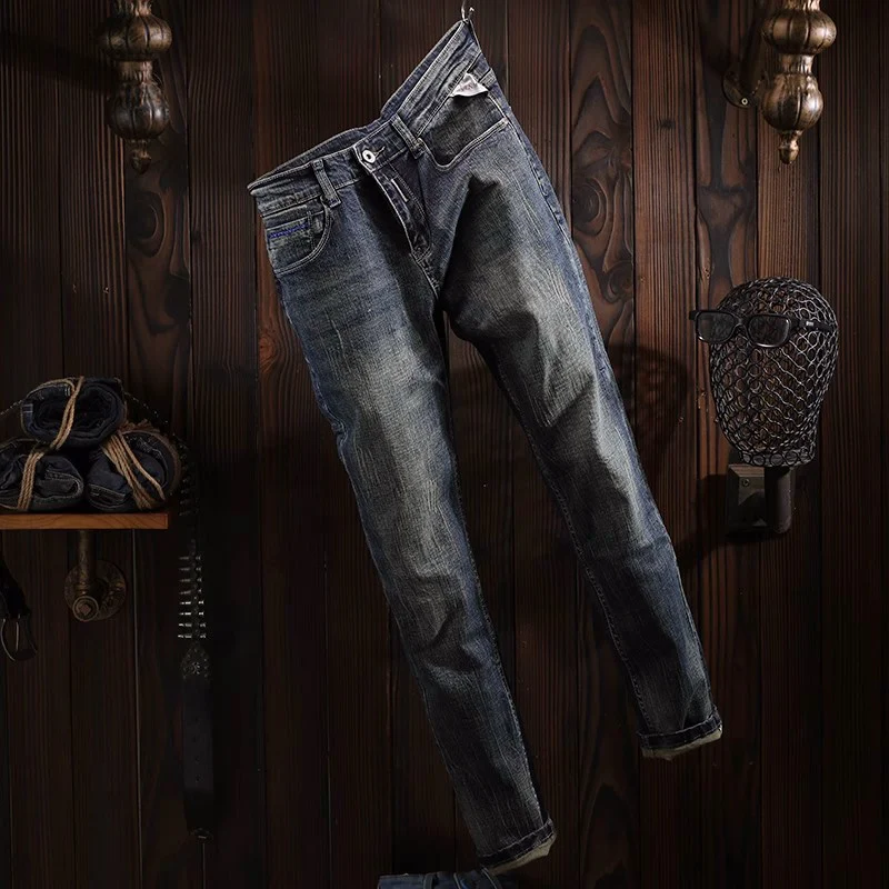 Italian Style Fashion Men Jeans Retro Blue Elastic Slim Ripped Jeans Men Straight Trousers Vintage Designer Denim Pants Hombre