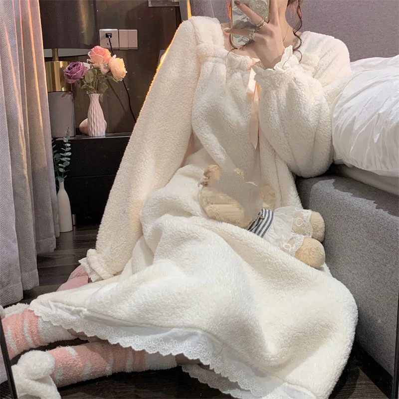 

Women's Flannel Nightdress Winter Warm Fleece Lined Sleepwear Cozy Cotton Pajama Set Cute Comfortable Loungewear Homewear Autumn