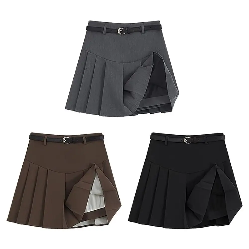 

High Waisted Pleated Skirt Skirt with Shorts Underneath JK Uniform A-line Short Skirt Lining Shorts with Belt Half Skirt