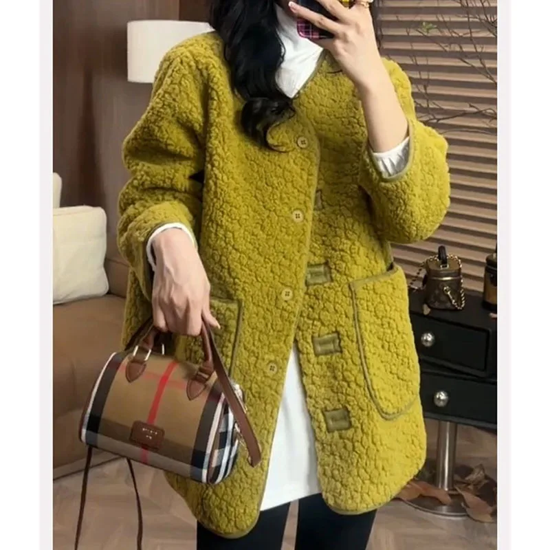 

Европейские женские повседневные топы с длинными рукавами, пальто 2025 года, женская свободная куртка с круглым вырезом, осень-зима, женская модная верхняя одежда из овечьей шерсти