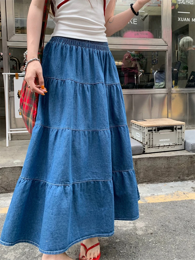 Benuynffy Vintage Ruffle Hem Denim gonna donna primavera estate 2024 coreano Casual elastico in vita a-line femminile Swing gonne lunghe