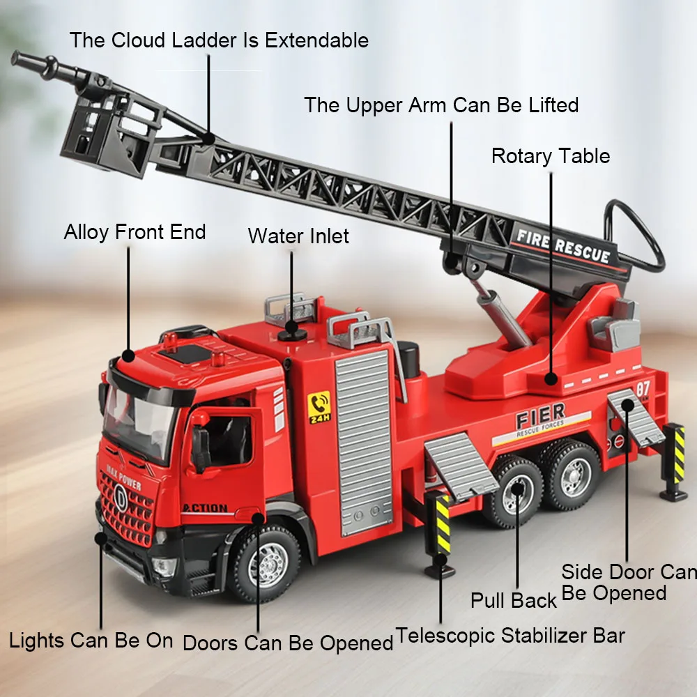 1/32 Ladder Truck Model Toys for Boys Metal Diecast Water Tanker Trucks with Pull Back Sound Light Engineering Vehicle Gifts