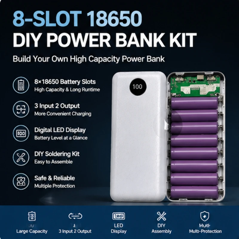 18650 Welding Free Battery Box DIY 8-cell Portable Power Bank Kit  Power Bank Case  Portable Multi Cell Mobile Power Bank