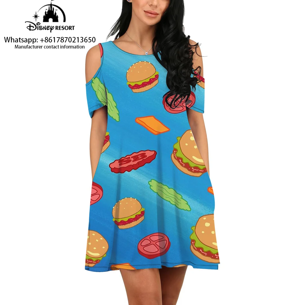 Fashionable and Elegant Women\'s Printed Dress 2024 New Loose, Casual and Comfortable Spongebob Cartoon Off-the-Shoulder Dress