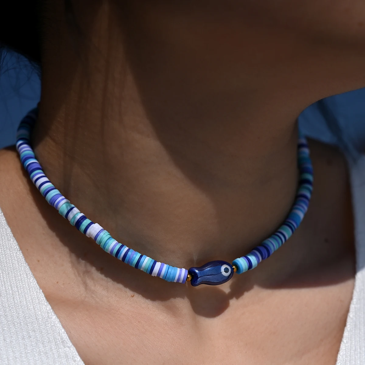 Kalung Liontin Ikan Keramik Warna-warni Gaya Bohemian untuk Wanita, Manik-manik Tanah Liat Polimer Lembut, Multiwarna, Perhiasan Pantai