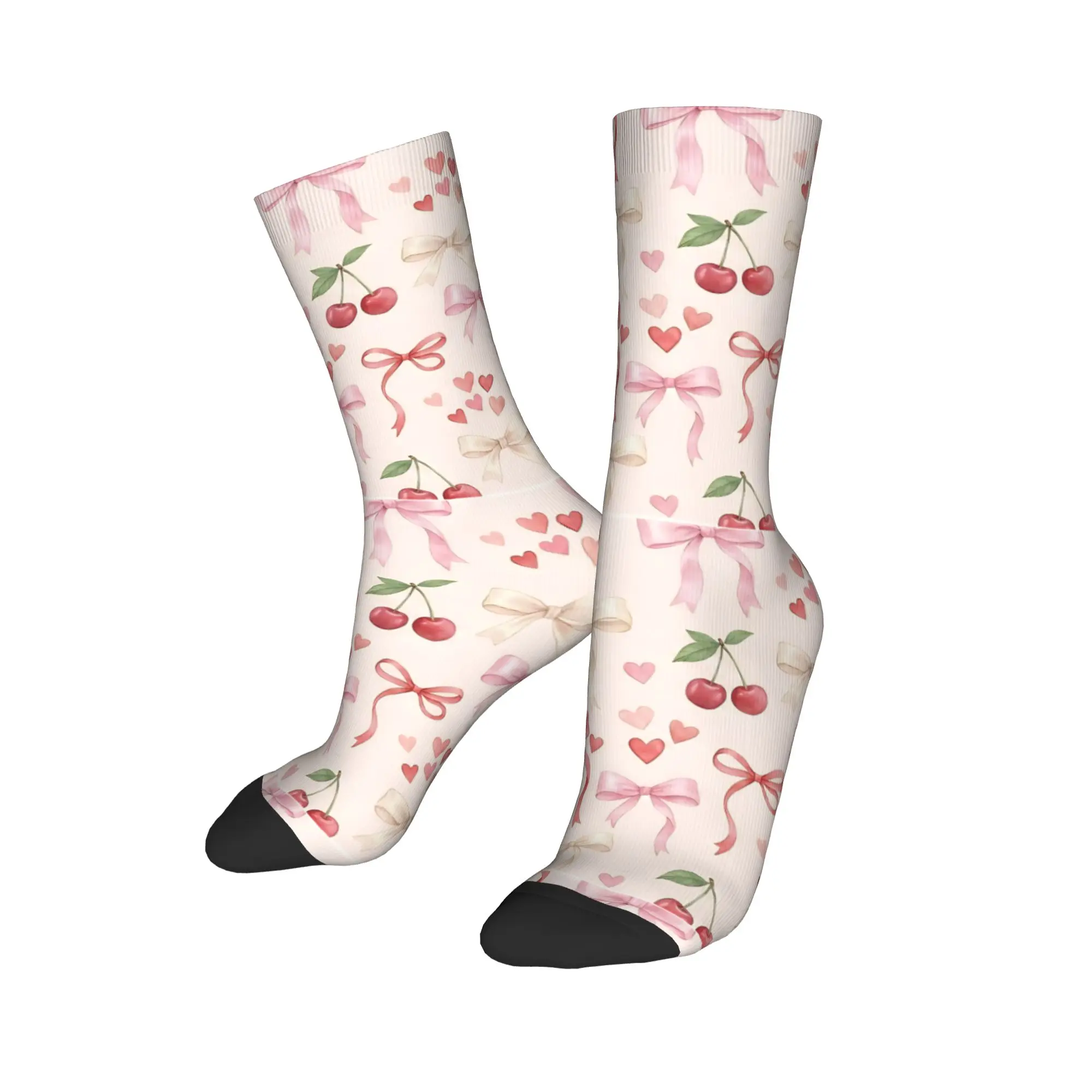 

Носки для футбола в стиле хип-хоп с бантиками и сердечками, розовые, с вишнёвым узором, из полиэстера, средней длины, унисекс, влагоотводящие