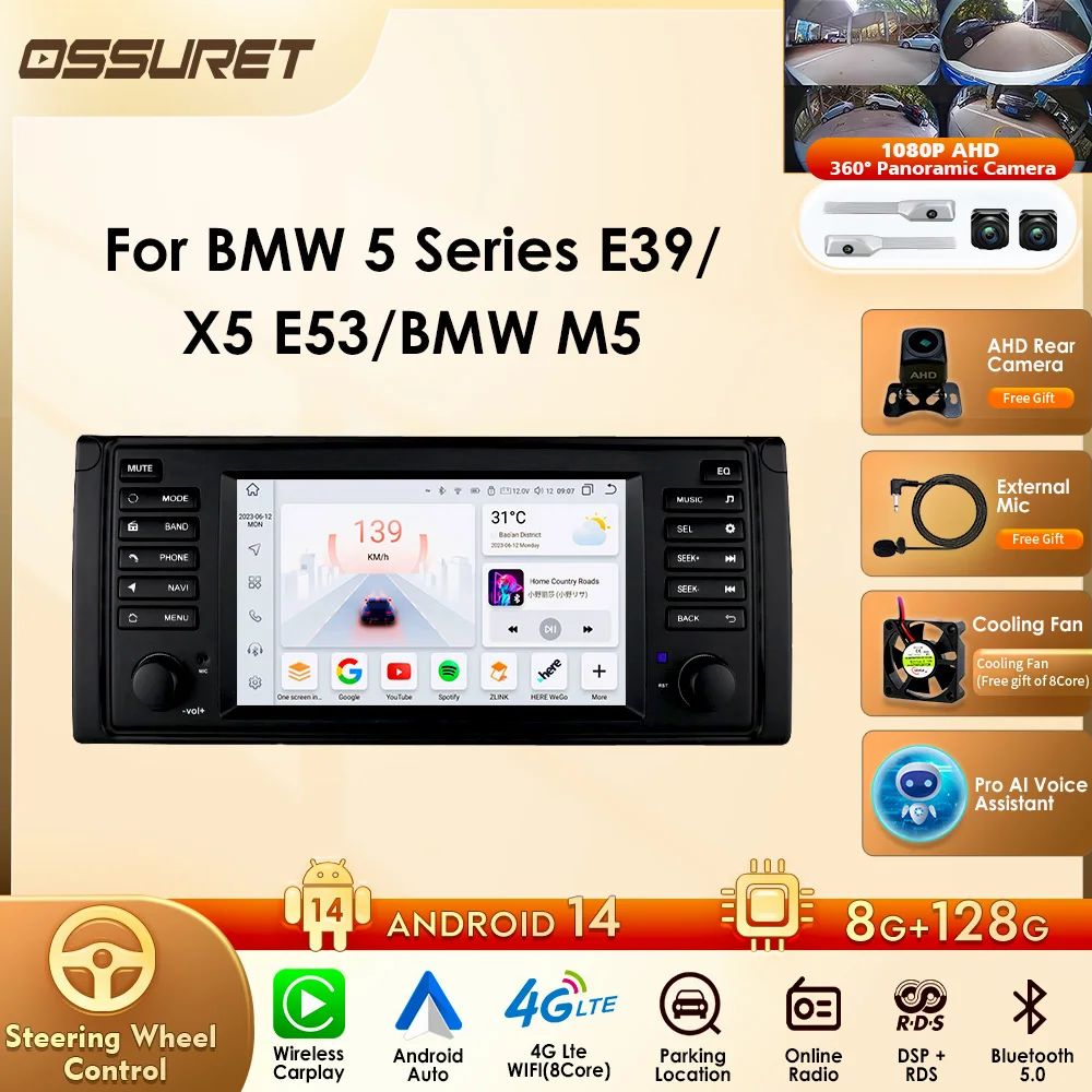 OSSURET Android 14 para BMW Serie 5 X5 E39 E53 1996-2007, Estéreo para Auto, Carplay, Android Auto, GPS, Navegación, Bluetooth, Radio FM RDS, WIFI