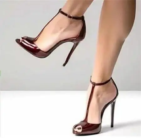 

Sexy Burgundy Peep Toe T Strap Cover Heel Thin High Heels Party Dress Sandals Women Fashion Ankle Buckle Pumps Shoes Lady