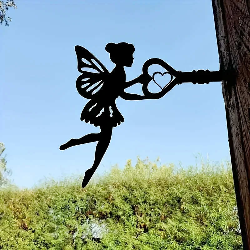 1pc Angel On Branch Steel Silhouette Metal Wall Art Home Garden Yard Patio Outdoor Statue Stake Decoration Perfect For Birthdays