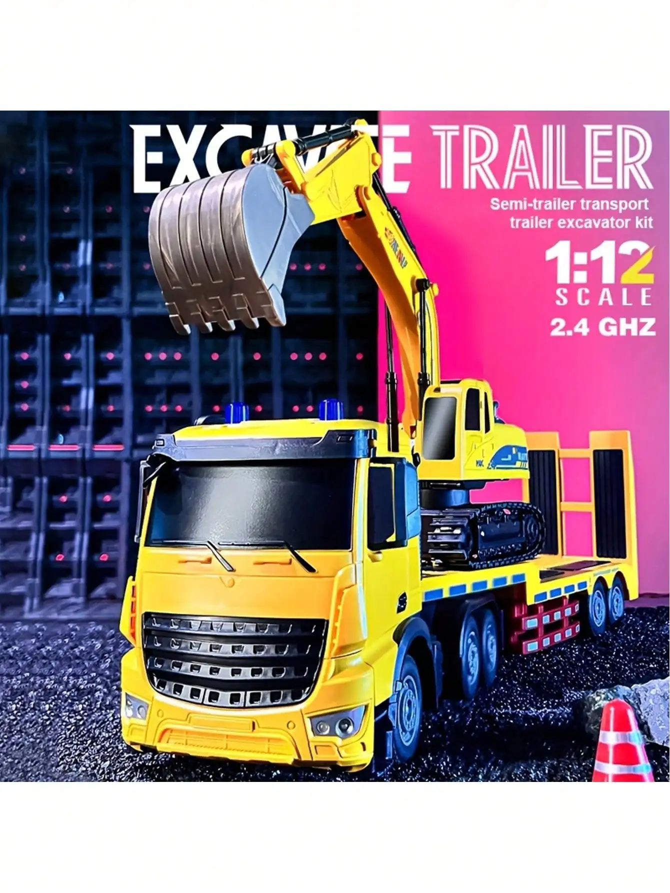 

1:12 RC Flatbed Truck w/ Excavator 2.4GHz Lights Sounds Rechargeable Gift