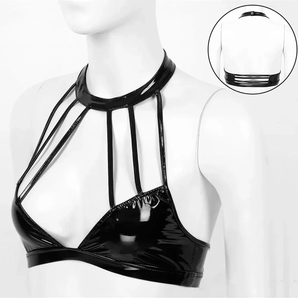 

Женский черный лакированный кожаный блестящий топ с мокрым эффектом, сексуальный топ с лямкой на шее для ночного клуба, сценические бюстгальтеры, нижнее белье, эротическое горячее порно, бюстгальтер без косточек, ночное белье