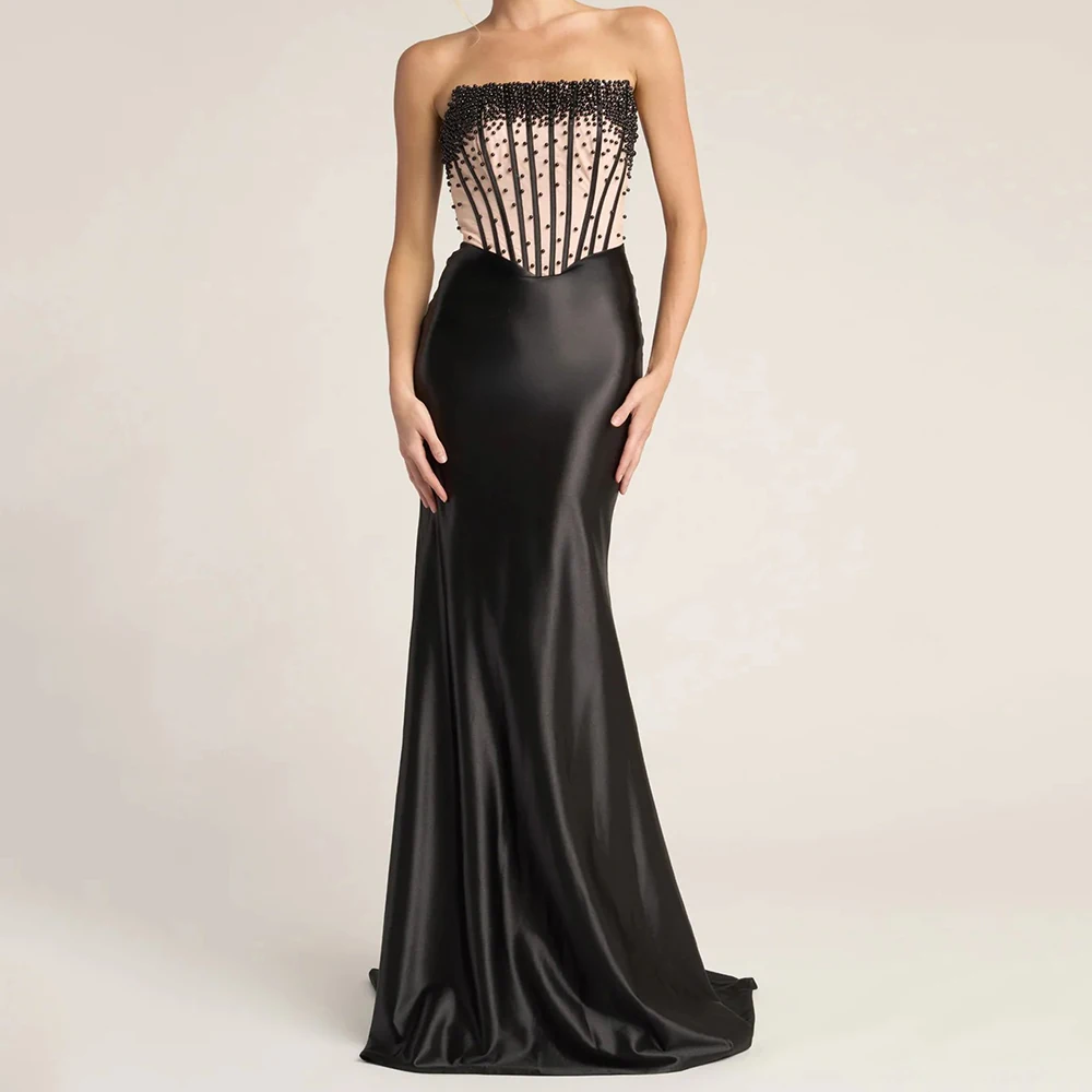 

Customized Mermaid Evening Dresses Floor-length Strapless Sleeveless Prom Gown Fashion Beading Simple Draped Backless Party Gown