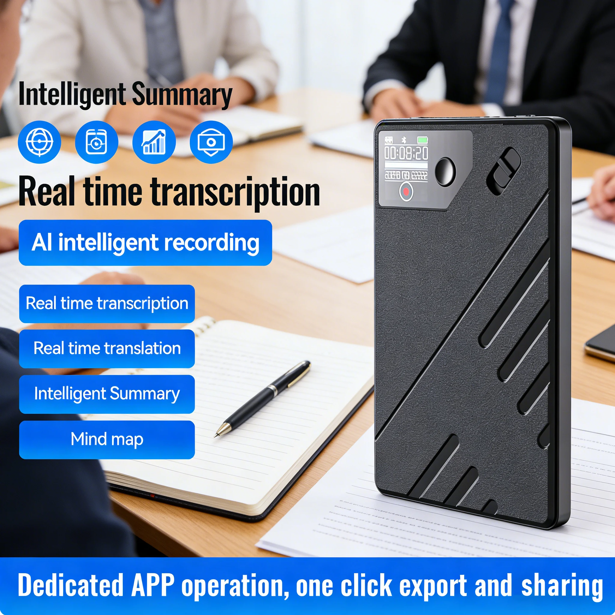 

Ультратонкий диктофон A5 с ИИ для перевода и транскрипции в реальном времени, портативный мини-аудиорекордер HD для совещаний