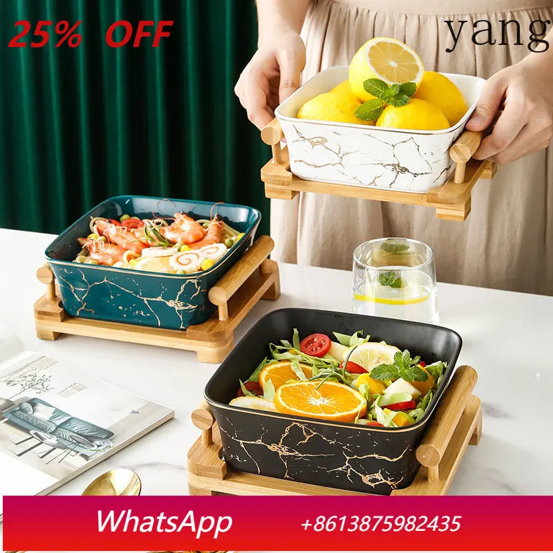 

Nordic creative fruit salad bowl wholesale wooden frame square marble ceramic fruit plate simple square dessert plate