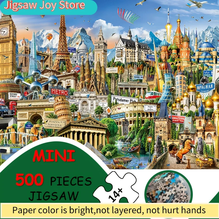 1 Box 500pcs European Landmarks Jigsaw Puzzle for Adults - Educational & Fun Game, Mixed Colors, Wall Display, Perfect for Hom