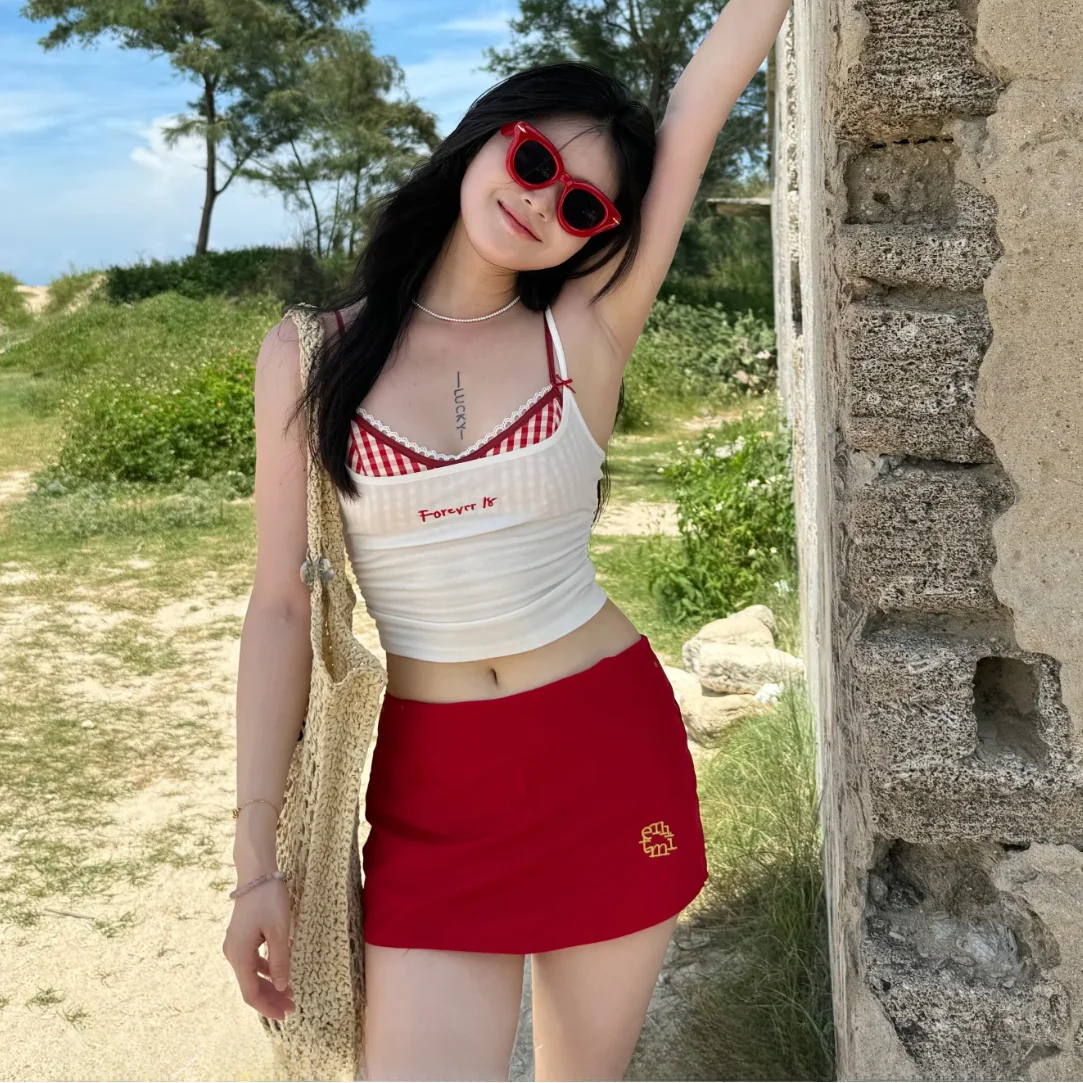 

Летний женский раздельный купальник-бикини с красным клетчатым принтом, утягивающий, для небольшой груди, с эффектом коррекции фигуры, на бретельках