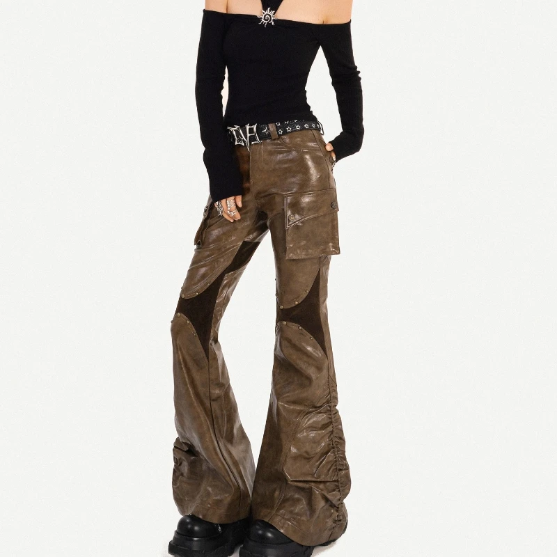 European American Retro PU Leather Women's Long Pants Autumn Sweet Cool Hot Girl Coffee Color Splicing Flared Overalls Ladies