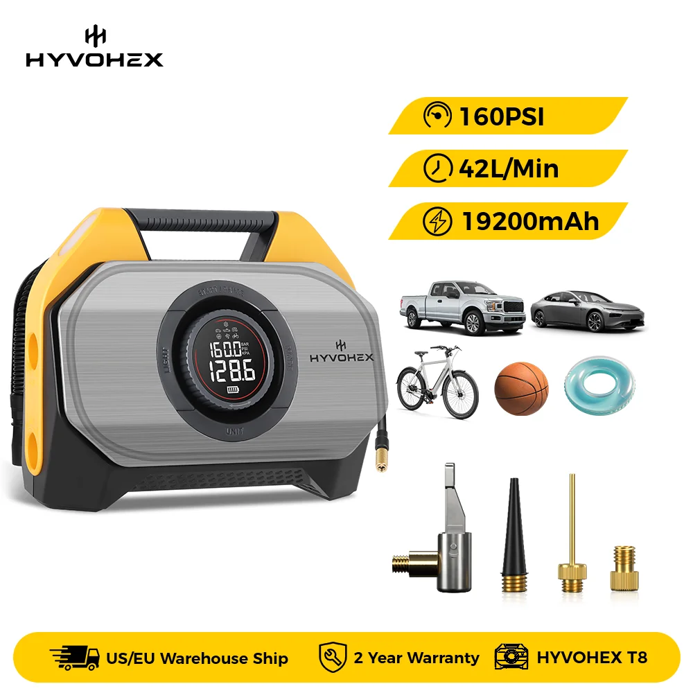 

Новый портативный воздушный компрессор HYVOHEX T8, 100% рабочий цикл и двухцилиндровый, 19200 мАч, автомобильный насос для накачивания шин, велосипедный насос, воздушный насос