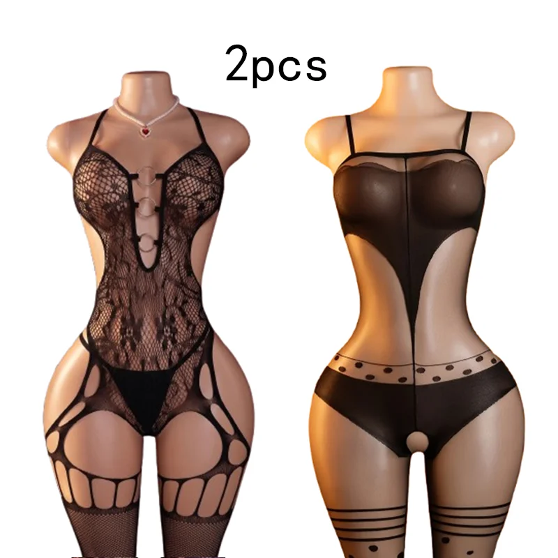 2-Piece Set – Women's sexy lingerie featuring a seductive floral-print fishnet mesh bodysuit; perfect for parties or date nights