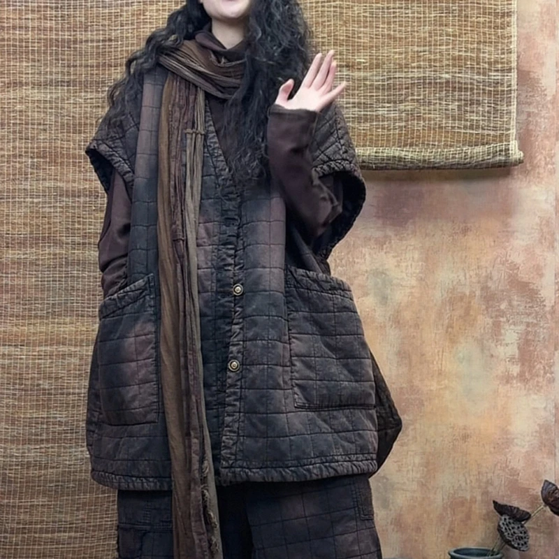 

Новое поступление 2025, осенне-зимний женский повседневный свободный однобортный теплый жилет с v-образным вырезом и карманами в стиле пэчворк, верхняя одежда и пальто S184