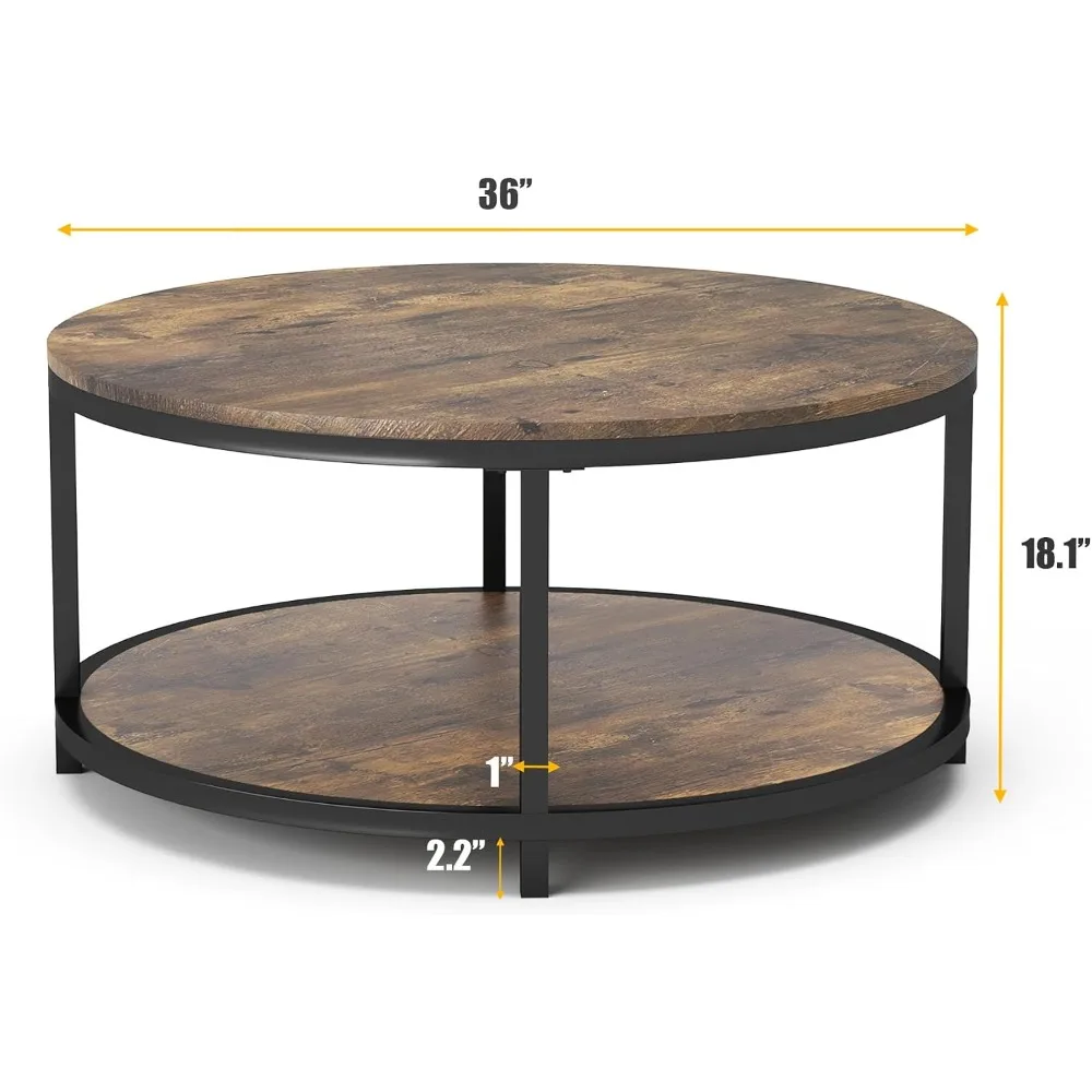 36 Inch Round Coffee Table, Rustic Wood Top, Metal Legs, Industrial with Storage Shelf, Brown
