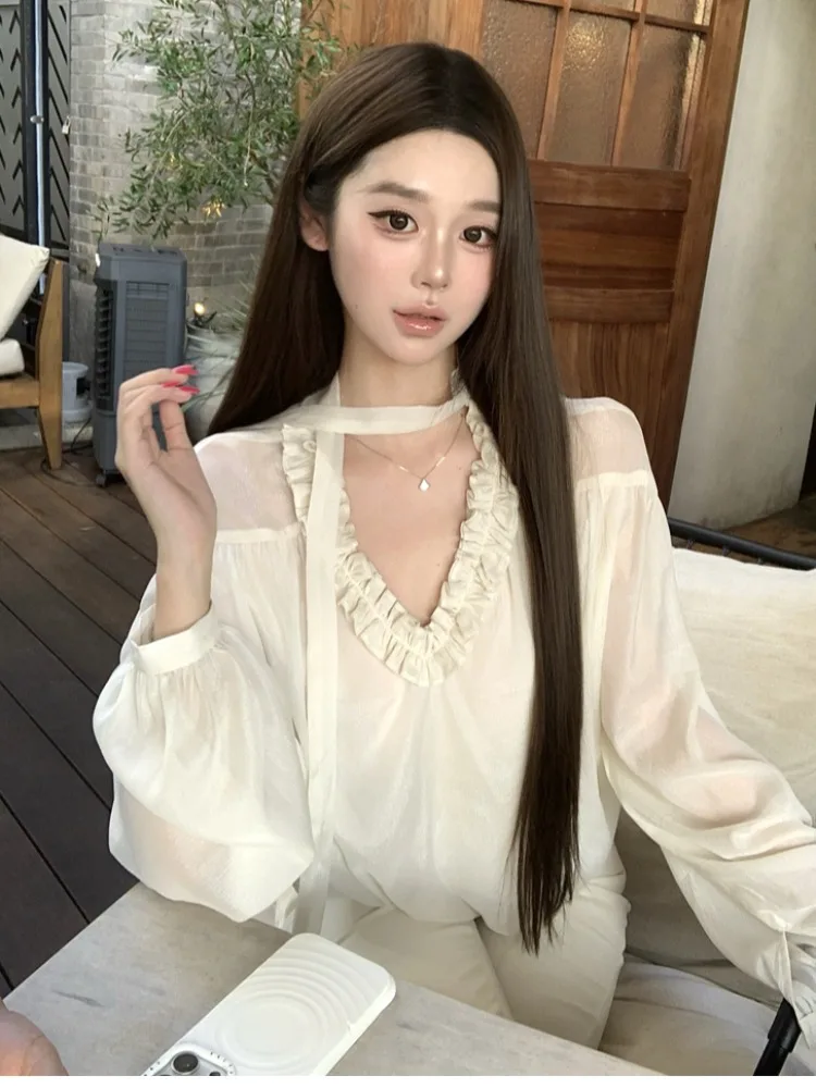 

Elegant V-Neck Long Sleeve Shirt Women's Casual Loose Style Breathable Winter Fashion Gown with Wood Grain And Sash