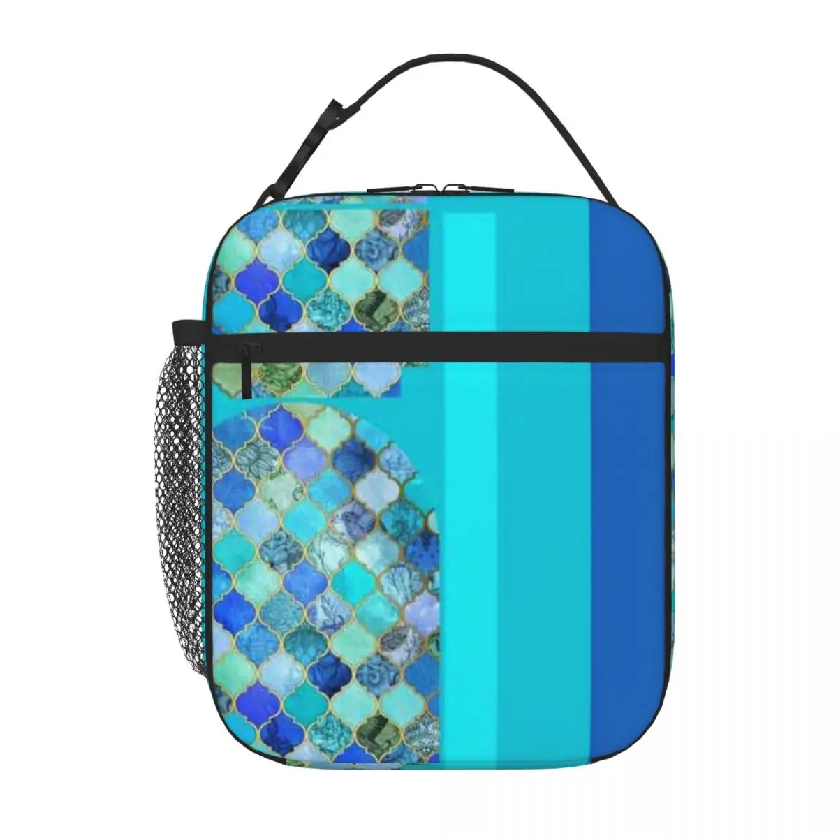 Bestselling Cobalt Blue Aqua Gold Decorative Moroccan Tile Pattern Compact Style Travel Lunch Bag Weight Loss Diet Lunch Handbag