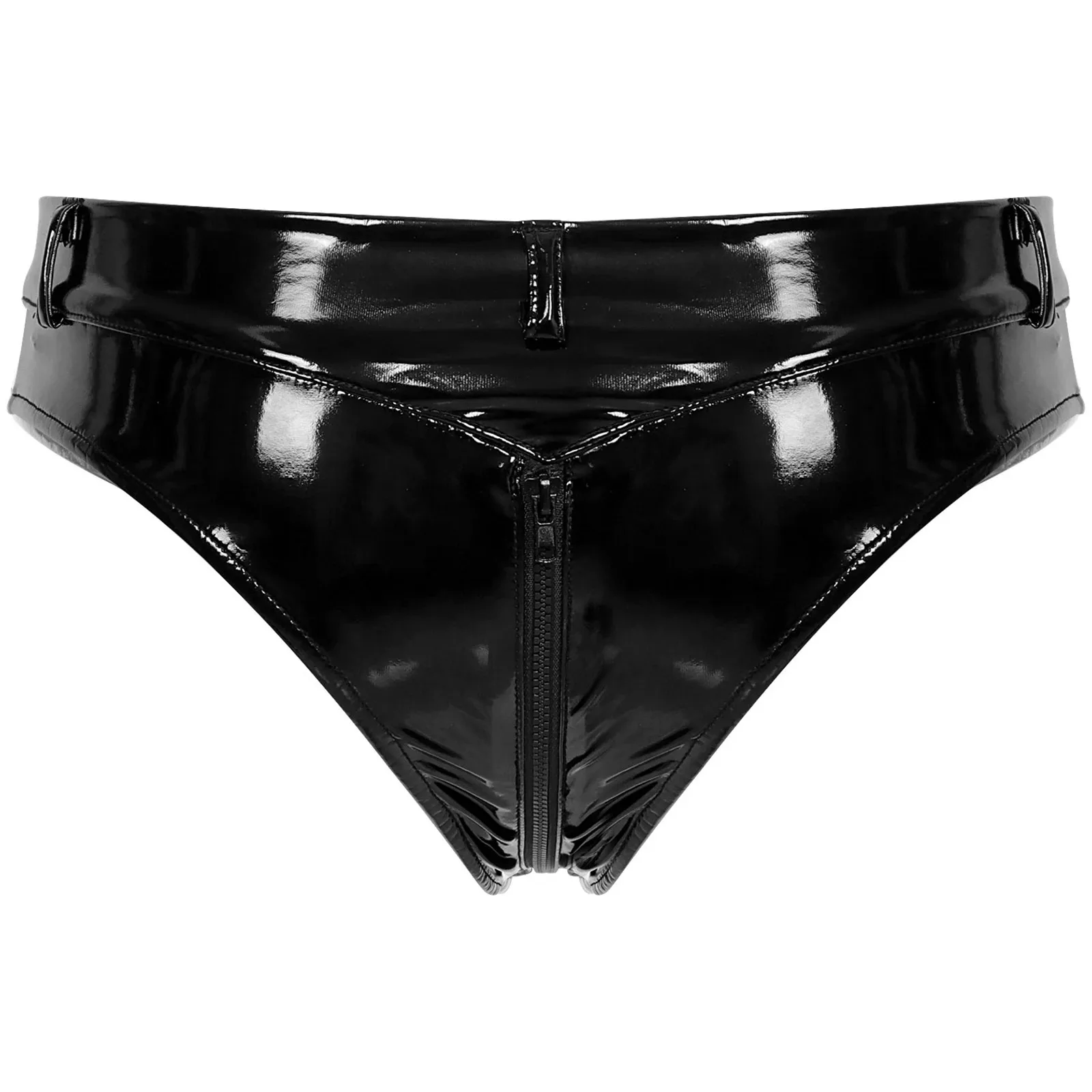 Womens Lingerie Zipper Open Crotch Booty Shorts Wet Look Patent Leather Briefs Panties Low Waist Hot Pants Rave Party Clubwear