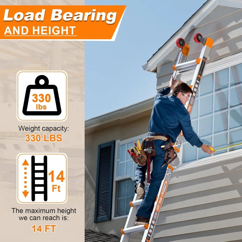 سلم تمديد قابل للطي بطول 14 قدمًا مع عجلات وقضيب تثبيت - سعة تحميل 330 رطل، سلم أمان متعدد المواضع #6