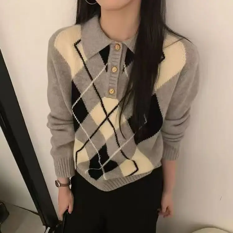 

Корейский модный винтажный свитер-поло на пуговицах, женский зимний свободный пуловер, студенческий стиль, контрастный цвет, ромб, вязаная куртка