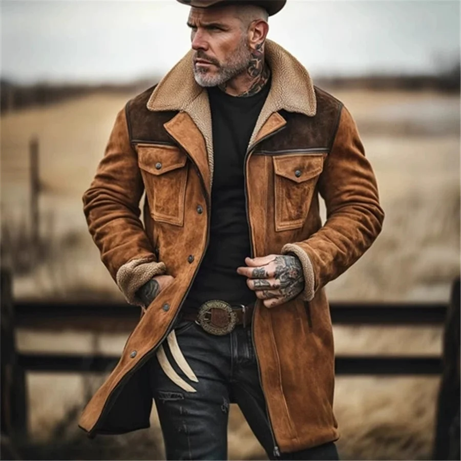 

Мужская зимняя куртка 2026, новое замшевое длинное пальто с цветными блоками, мужские пальто в стиле ретро с несколькими карманами на молнии, верхняя одежда для отдыха, парка